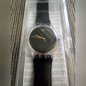 Black & Gold Polka-dot Ladies Swatch Watch EUC